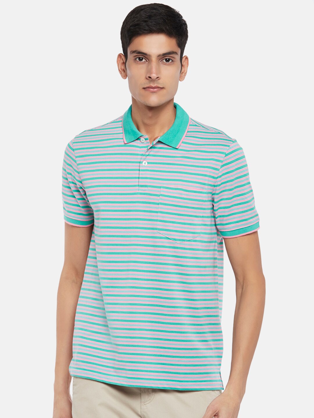 

BYFORD by Pantaloons Men Green Striped Polo Collar Slim Fit Running T-shirt