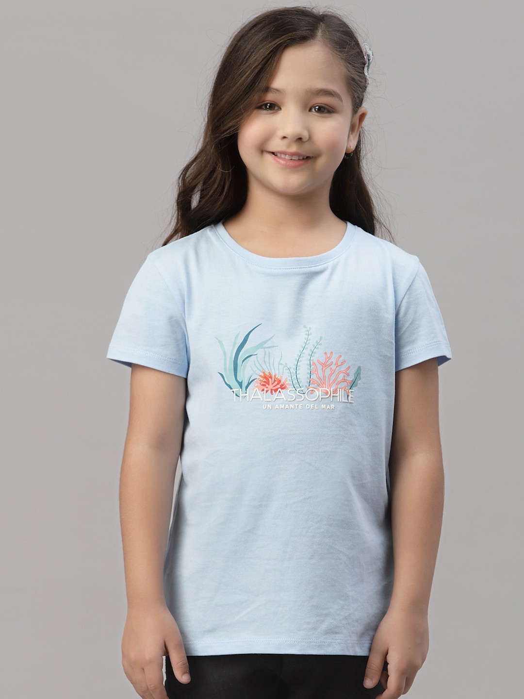 

Mode by Red Tape Girls Blue Solid Printed Cotton T-shirt