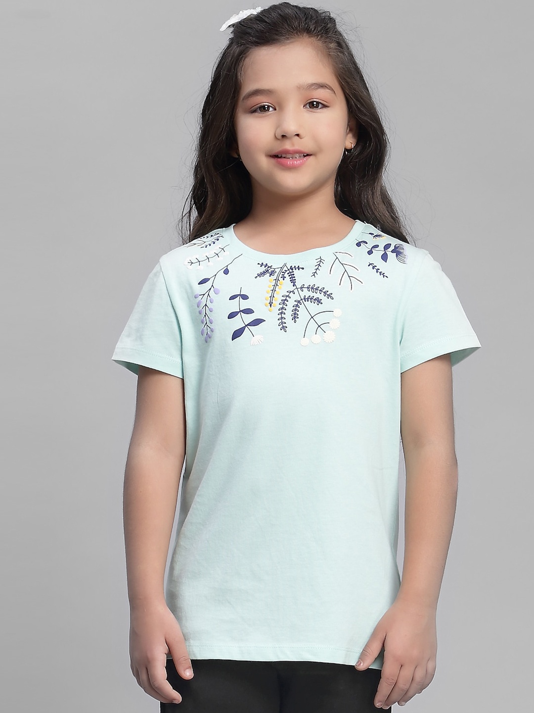 

Mode by Red Tape Girls Sea Green Floral Printed Pure Cotton T-shirt