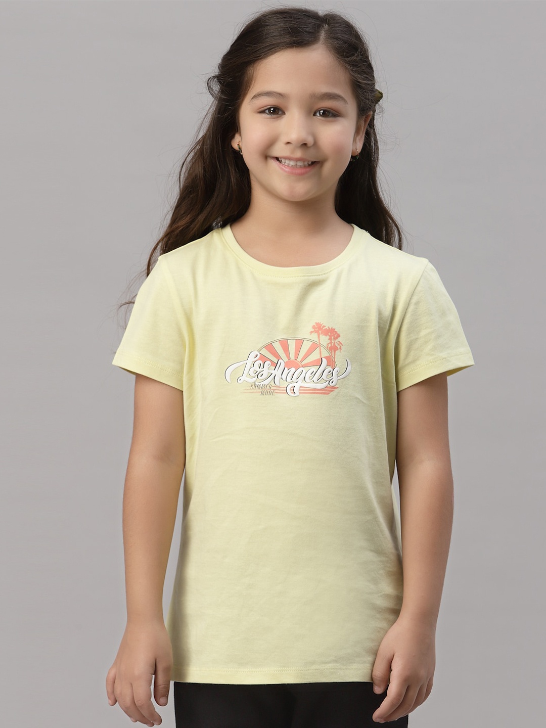 

Mode by Red Tape Girls Yellow & White Typography Printed Cotton T-shirt