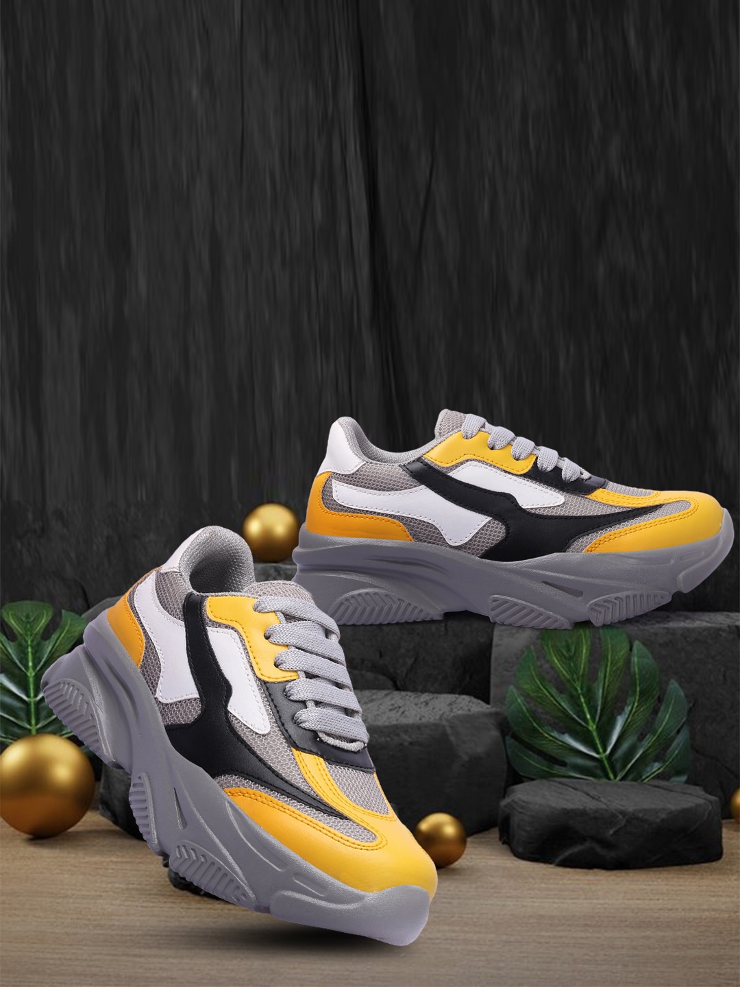 

RINDAS Women Grey & Yellow Woven Design Sneakers