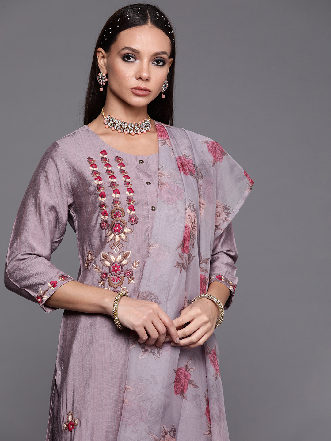 

Indo Era Women Mauve Floral Embroidered Kurta with Trousers & With Dupatta