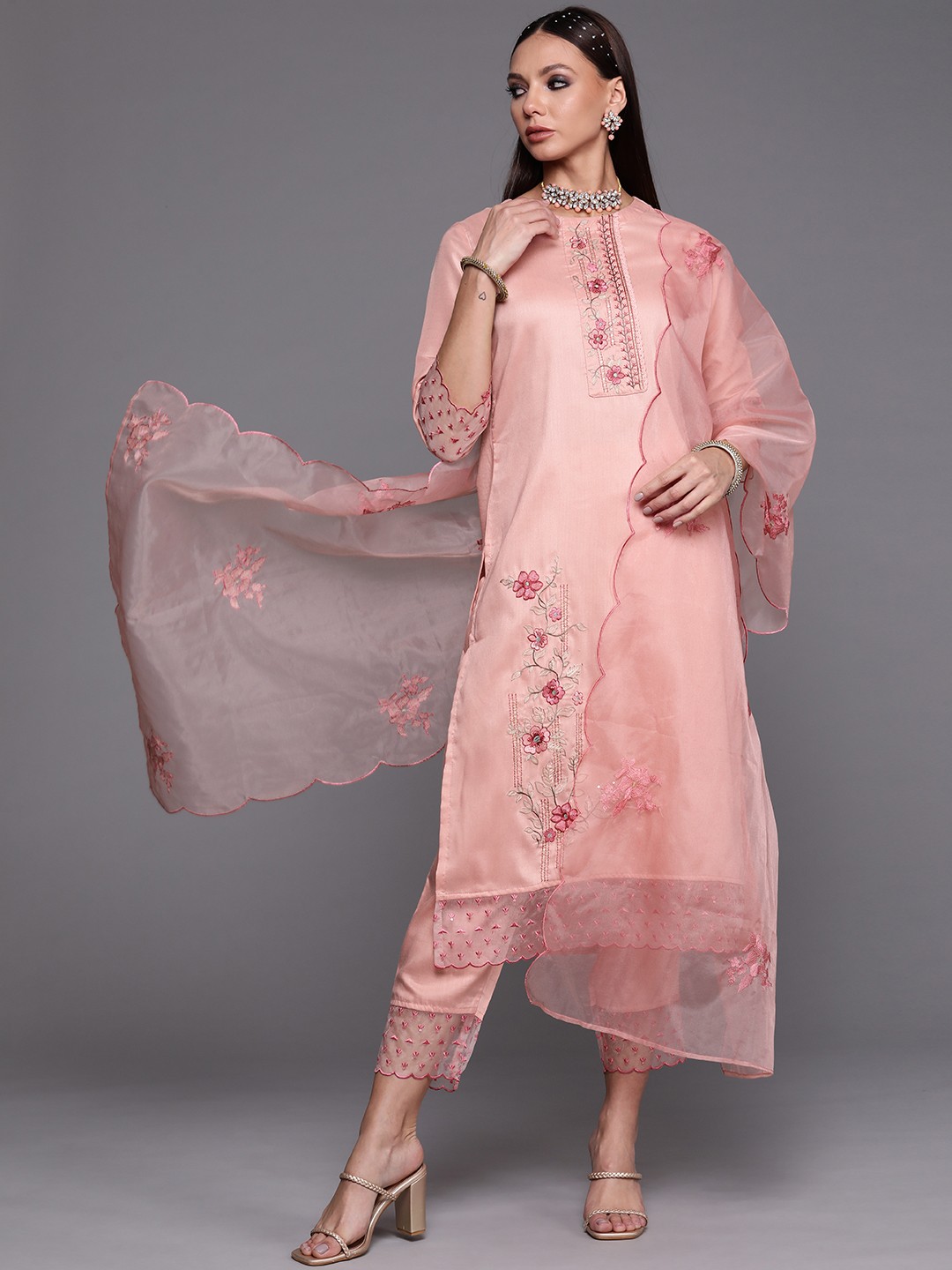 

Indo Era Women Pink Floral Embroidered Kurta with Trousers & With Dupatta