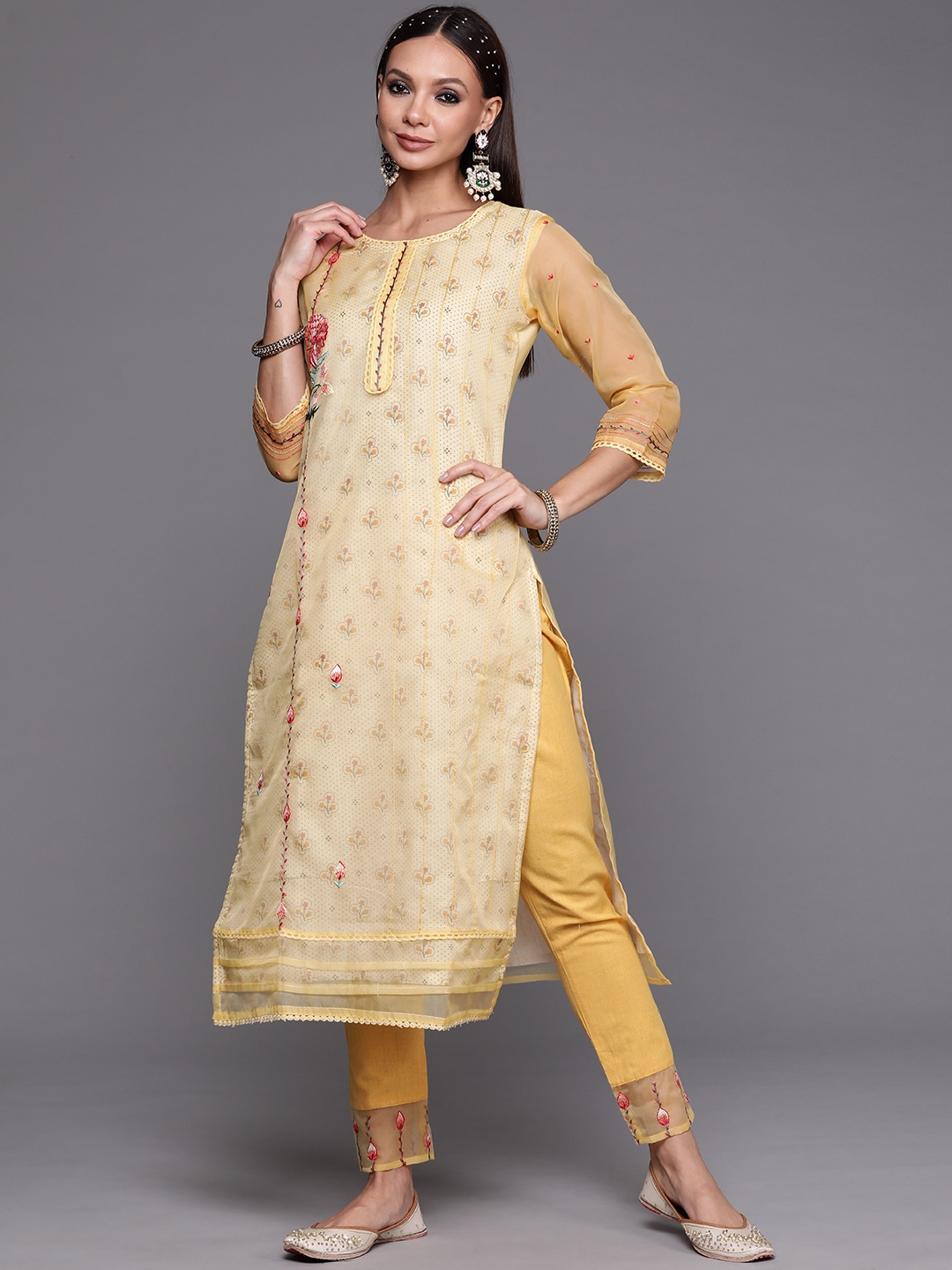 

Indo Era Women Yellow Floral Embroidered Kurta with Trousers