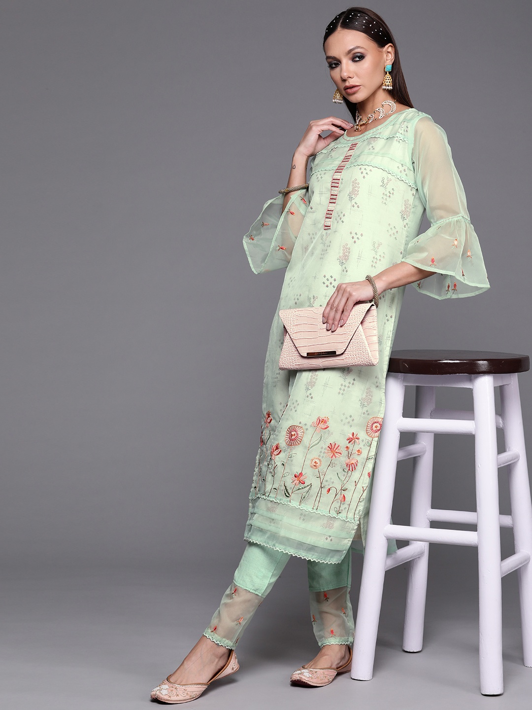 

Indo Era Women Green Floral Embroidered Kurta with Trousers