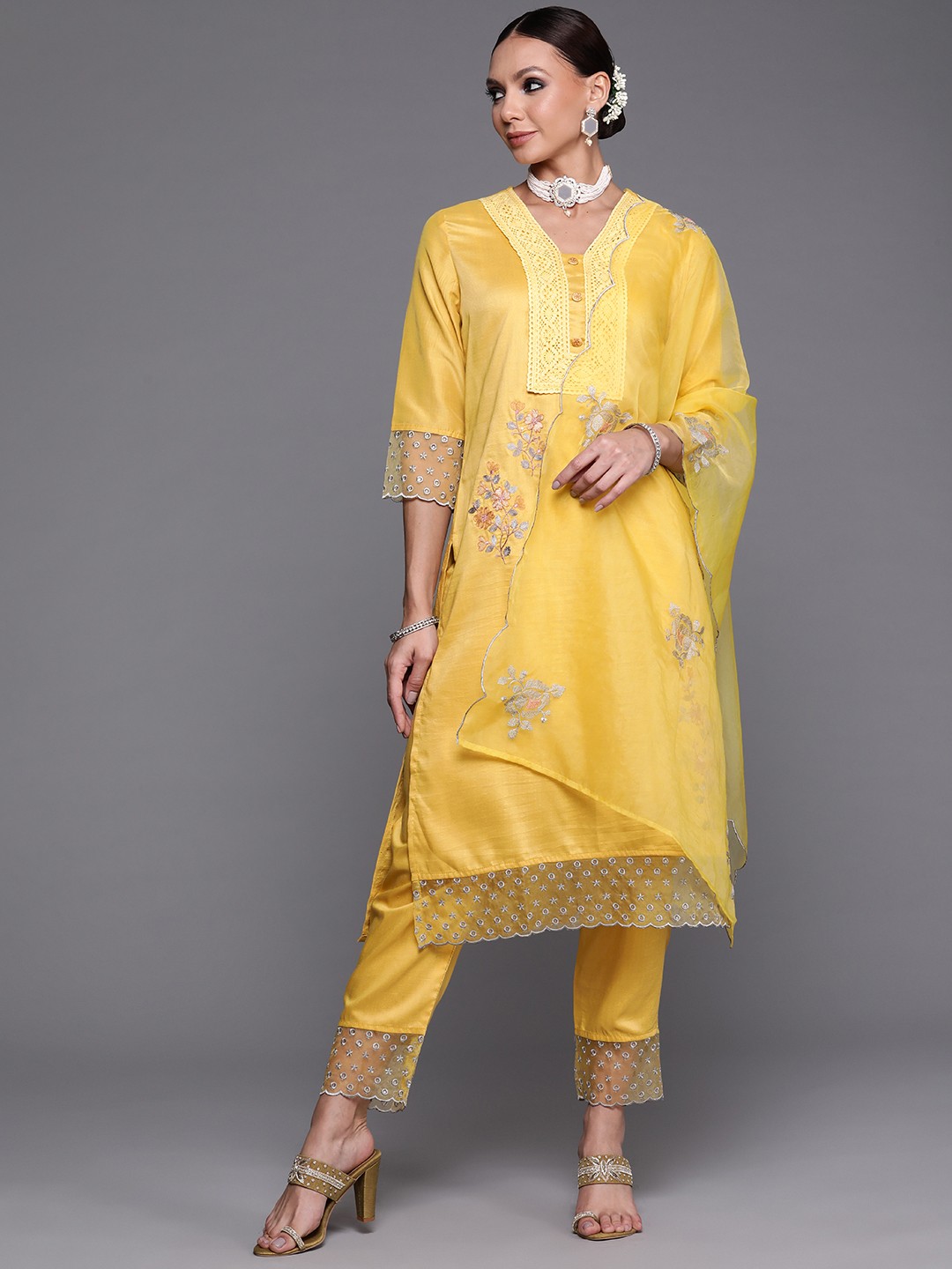 

Indo Era Women Yellow Ethnic Motifs Embroidered Kurta with Trousers & With Dupatta