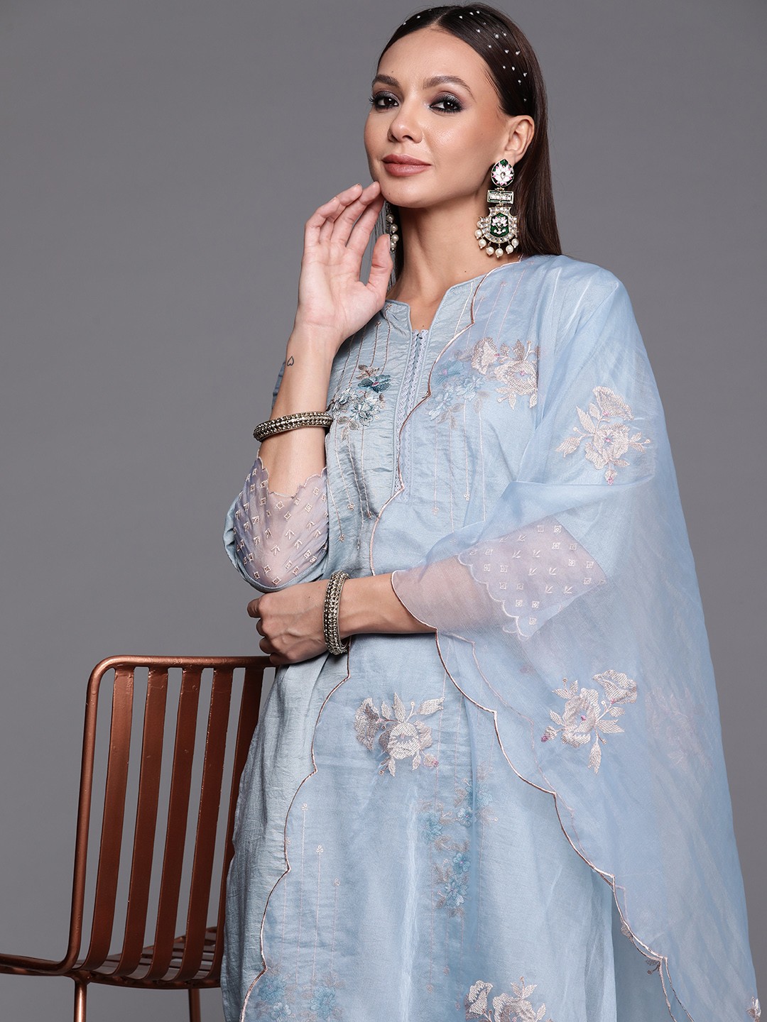 

Indo Era Women Blue Floral Embroidered Sequinned Kurta with Trousers & With Dupatta