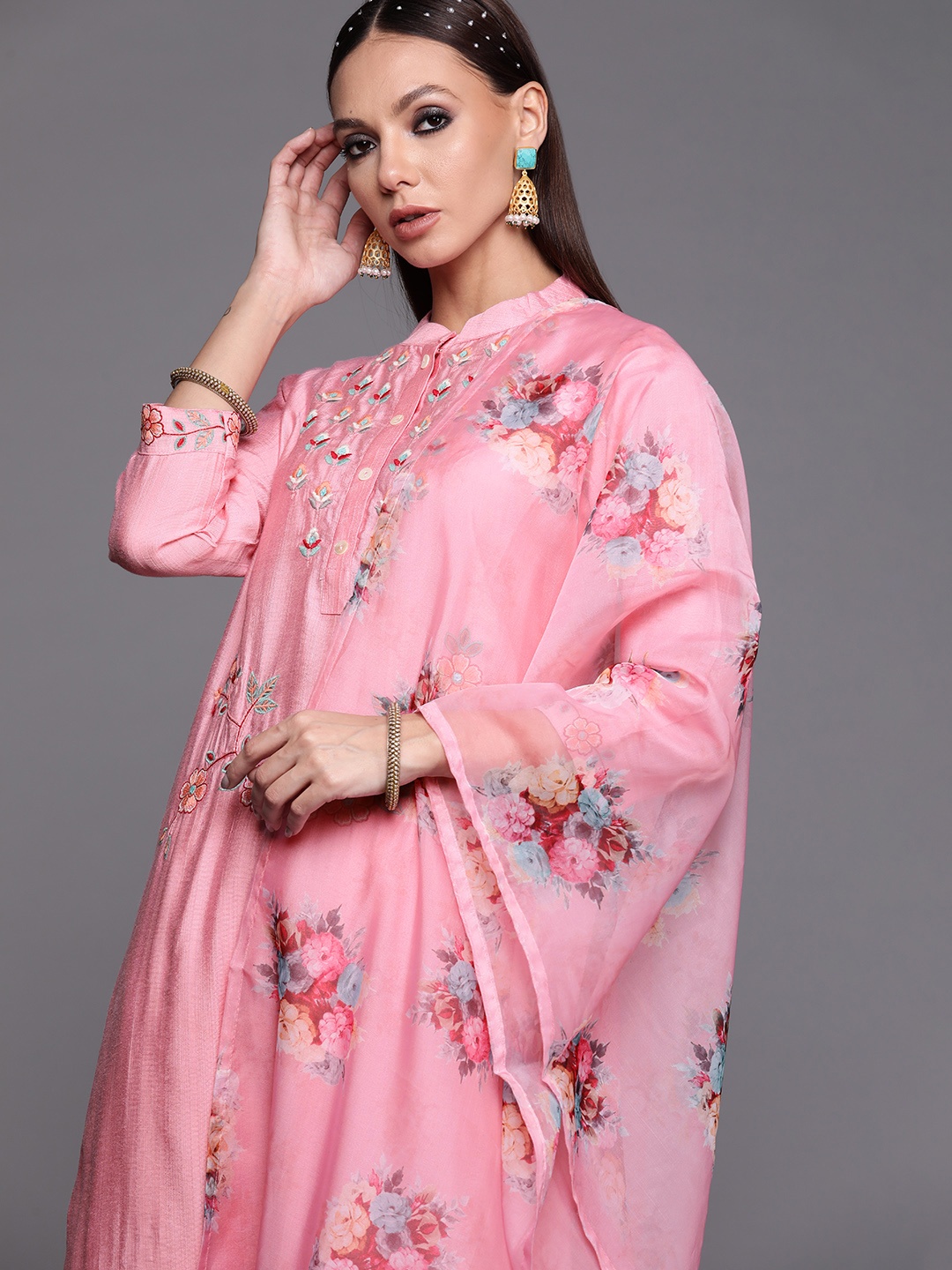 

Indo Era Women Pink Ethnic Motifs Embroidered Kurta with Trousers & With Dupatta