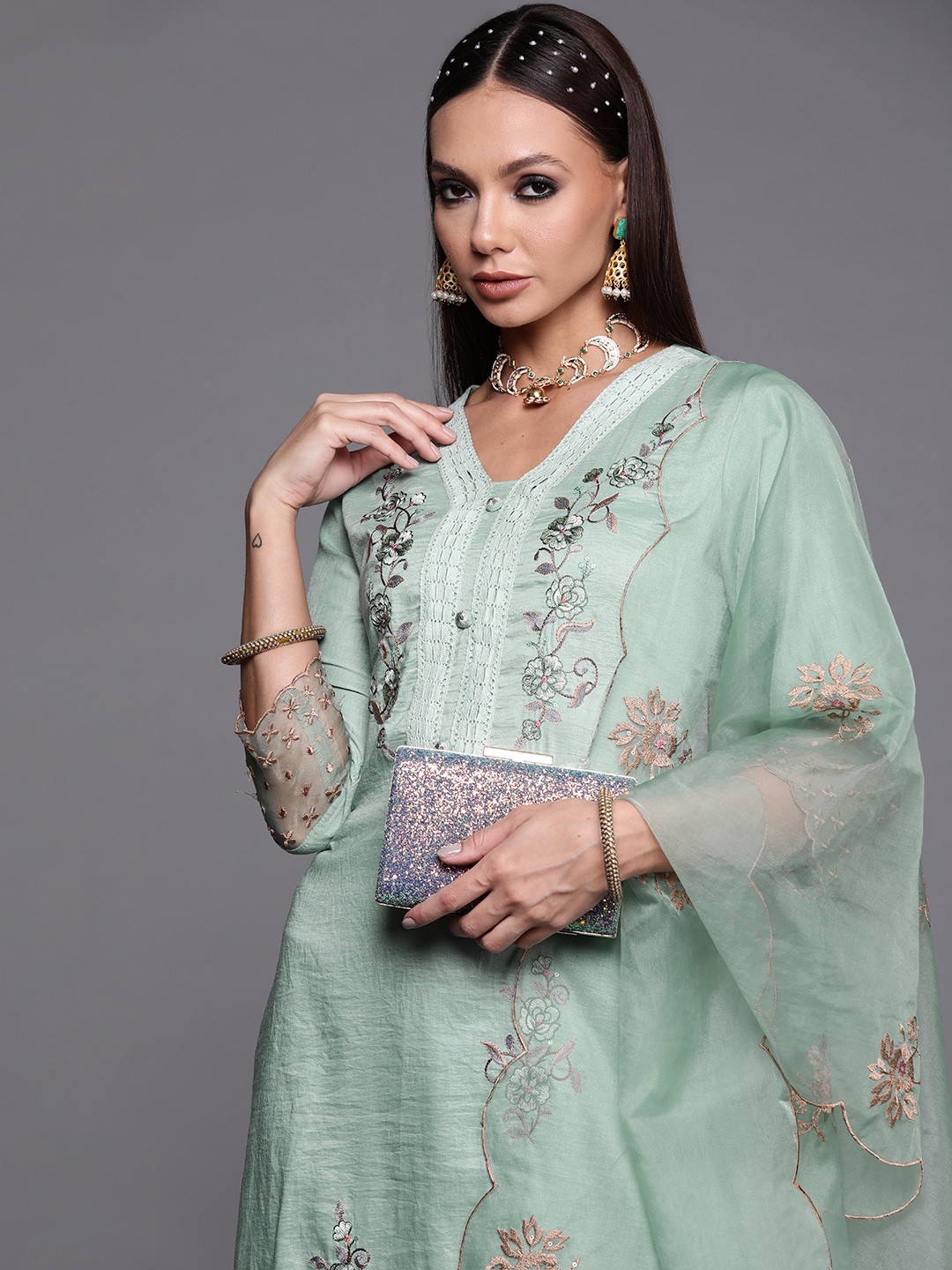 

Indo Era Women Sea Green Floral Embroidered Kurta with Trousers & With Dupatta