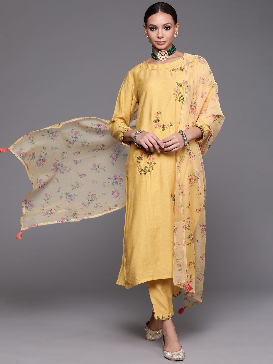 

Indo Era Women Yellow Floral Embroidered Thread Work Kurta with Trousers & With Dupatta