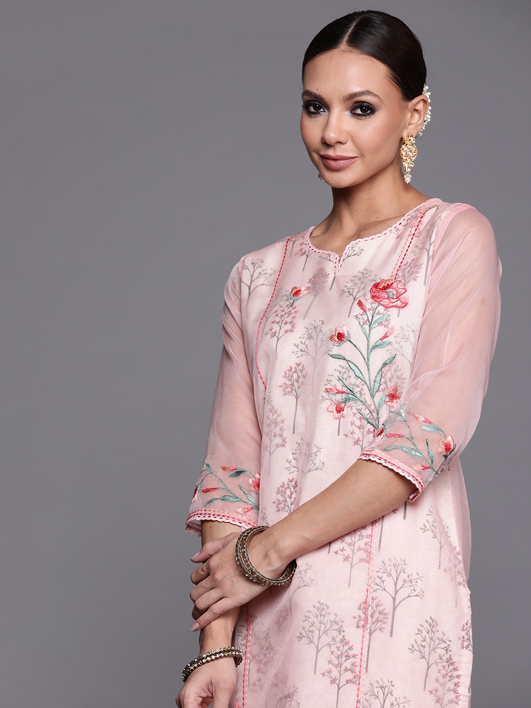 

Indo Era Women Pink Floral Embroidered Kurta with Trousers