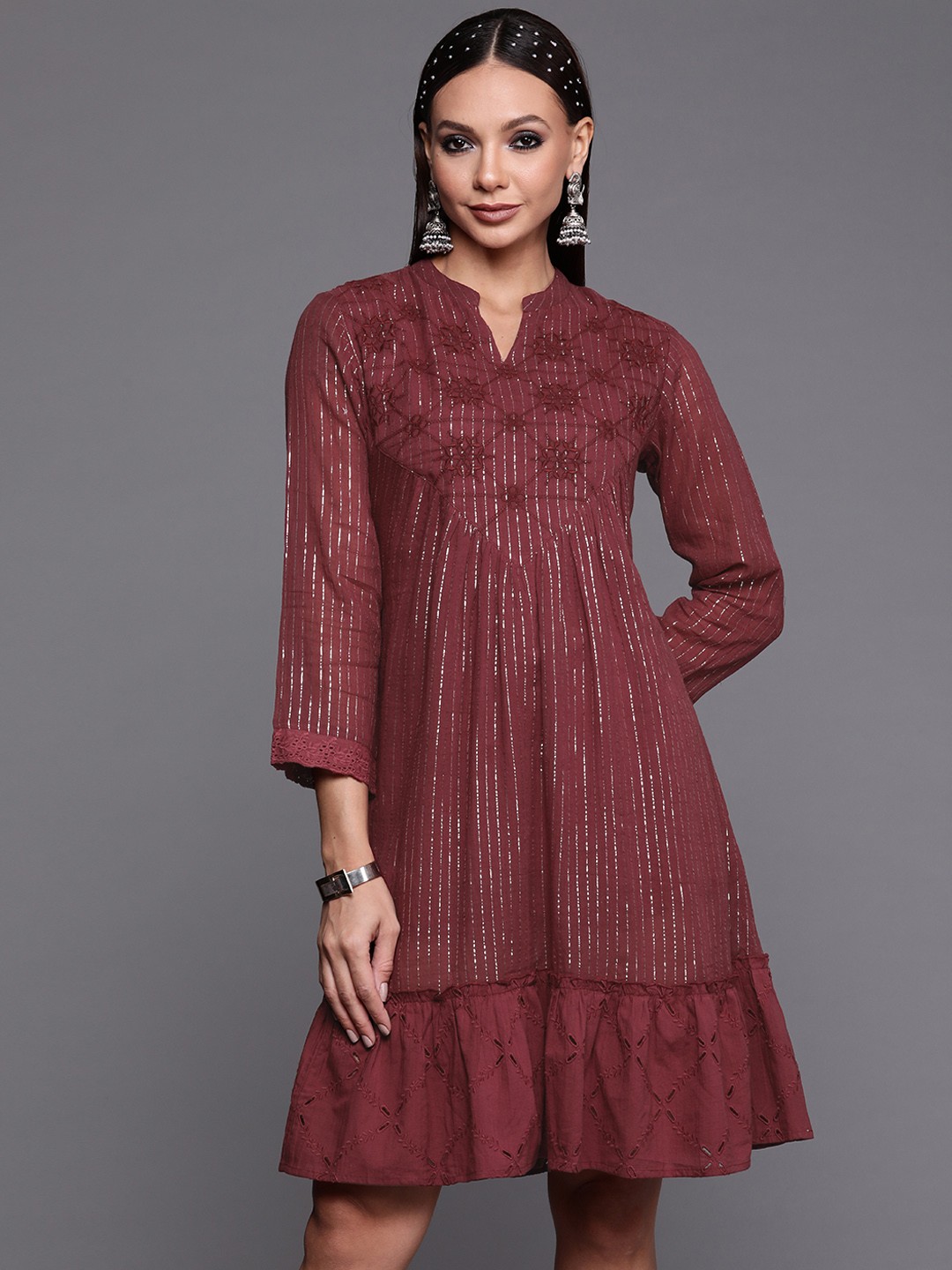

Indo Era Maroon Ethnic Motifs Embroidered Ethnic A-Line Midi Dress