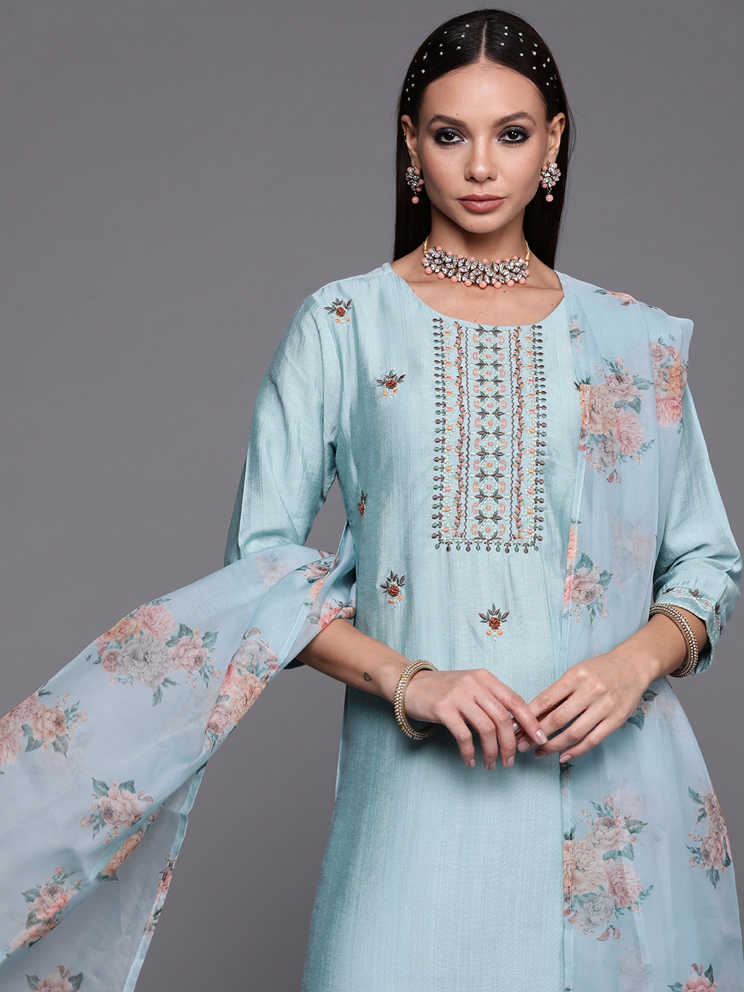 

Indo Era Women Turquoise Blue Yoke Design Kurta with Trousers & With Dupatta
