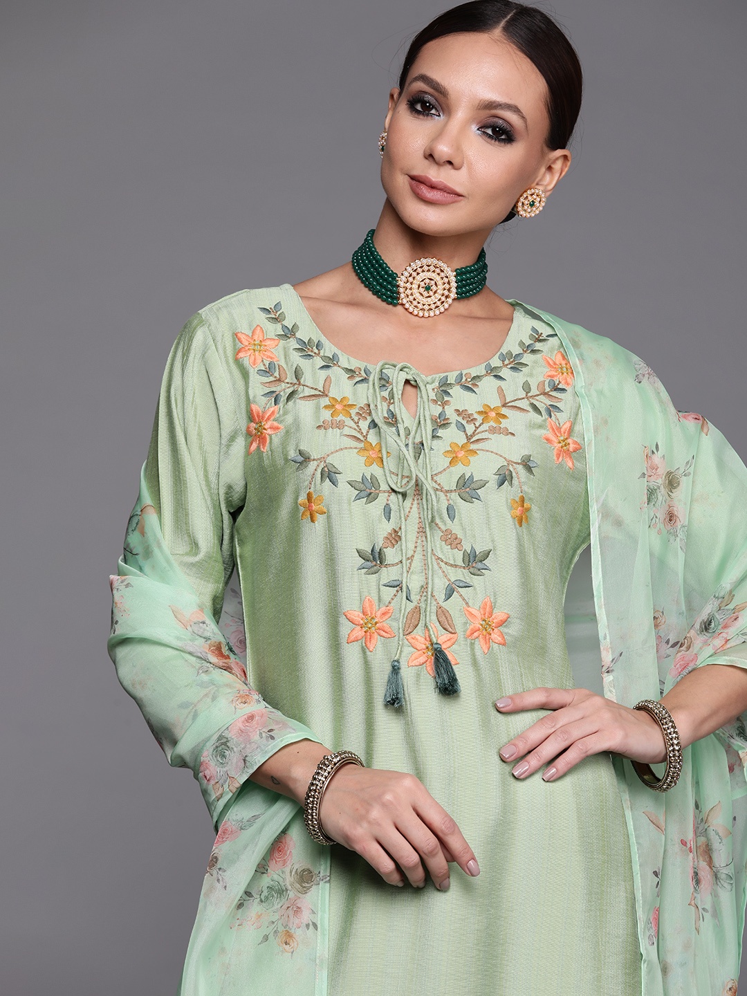 

Indo Era Women Green Floral Embroidered Kurta with Trousers & With Dupatta