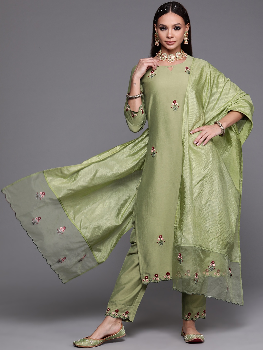 

Indo Era Women Green Floral Embroidered Kurta with Trousers & With Dupatta