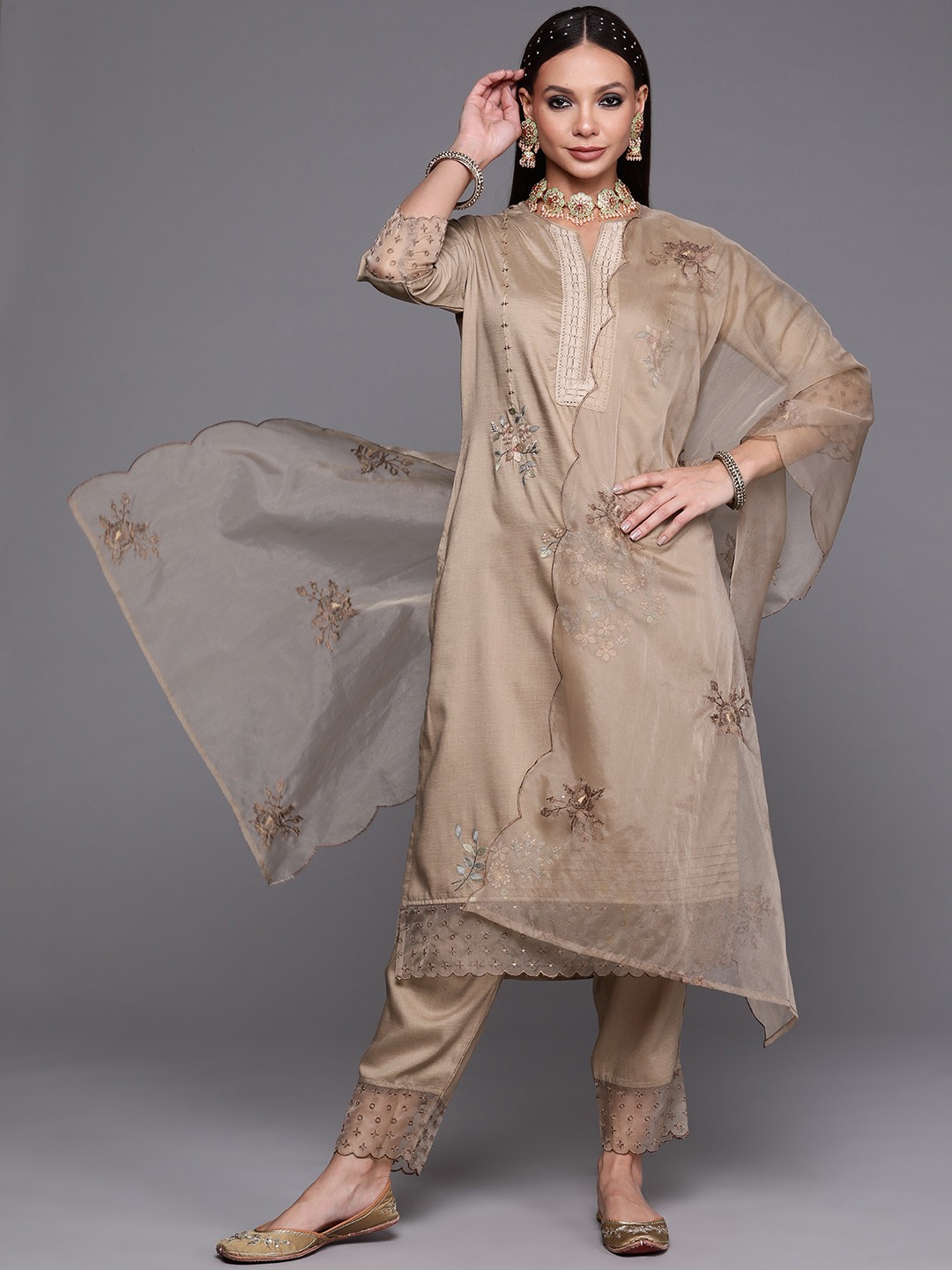 

Indo Era Women Beige Floral Embroidered Kurta with Trousers & With Dupatta