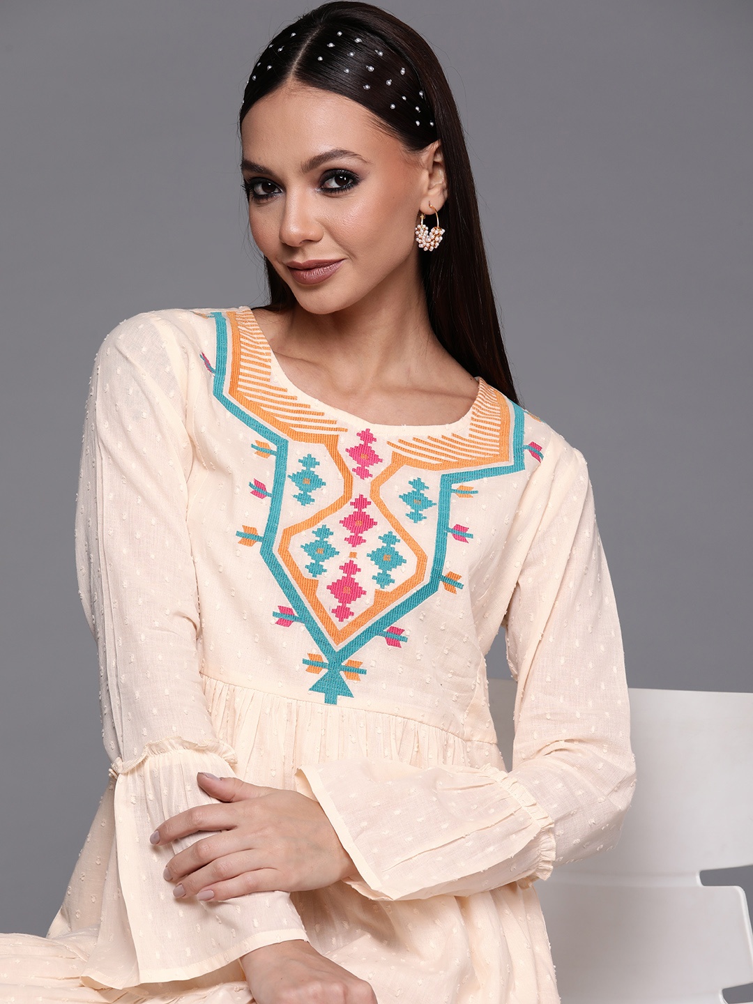 

Indo Era Beige Ethnic Motifs Embroidered Ethnic A-Line Dress