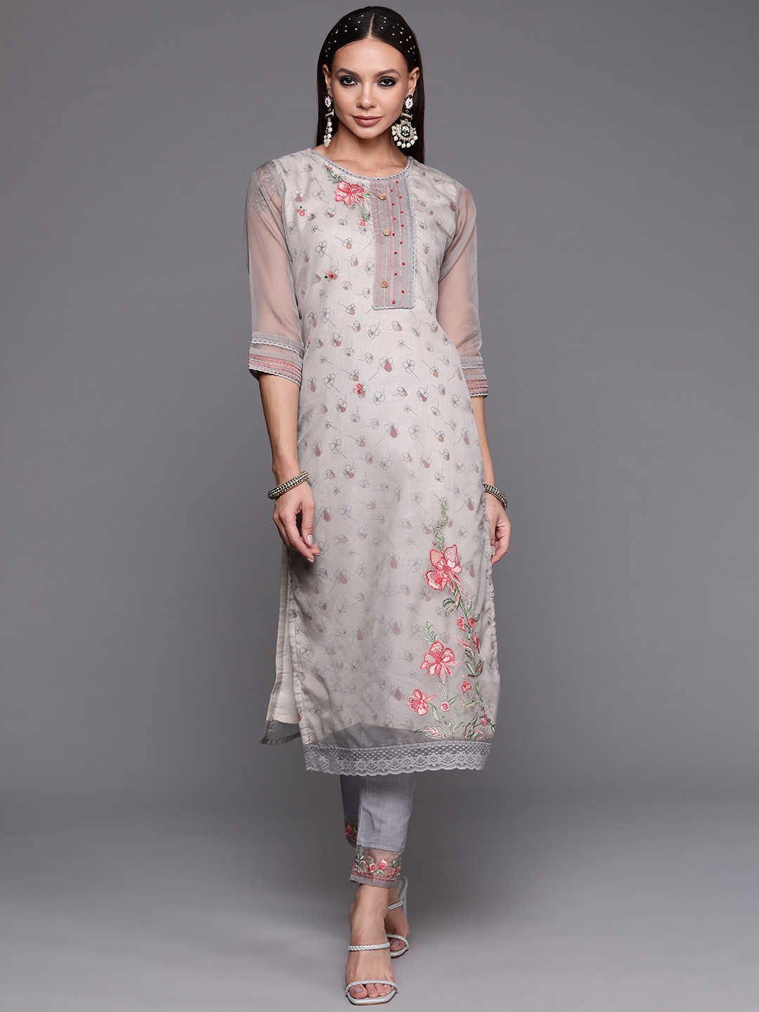 

Indo Era Women Grey Floral Embroidered Kurta with Trousers