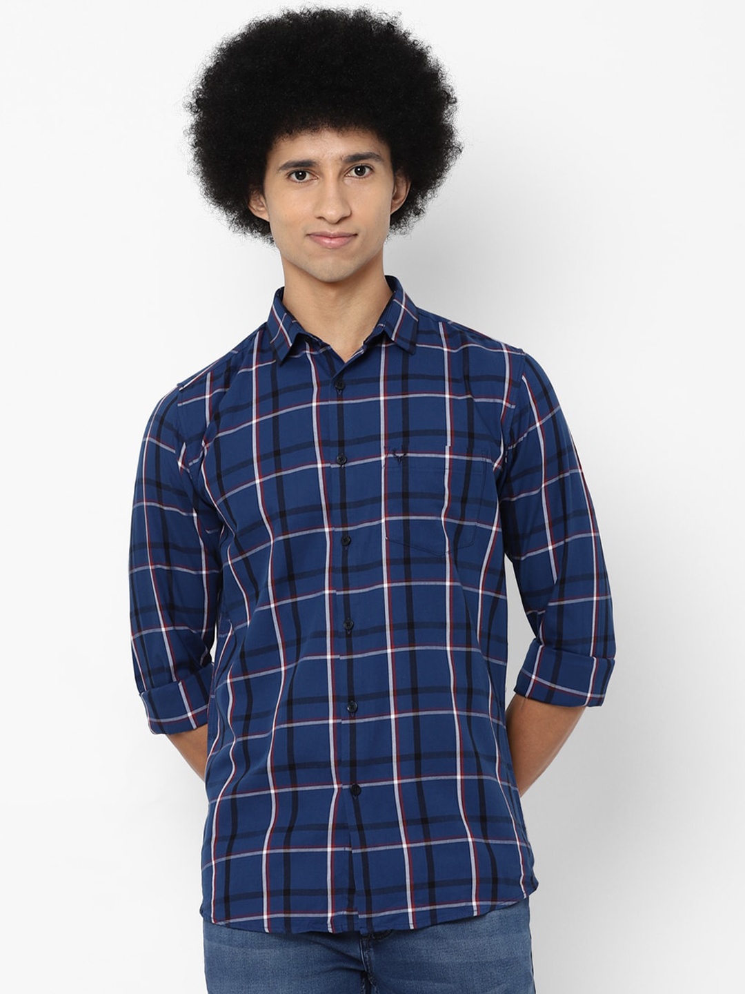 

Allen Solly Men Blue & White Slim Fit Windowpane Checked Pure Cotton asual Shirt
