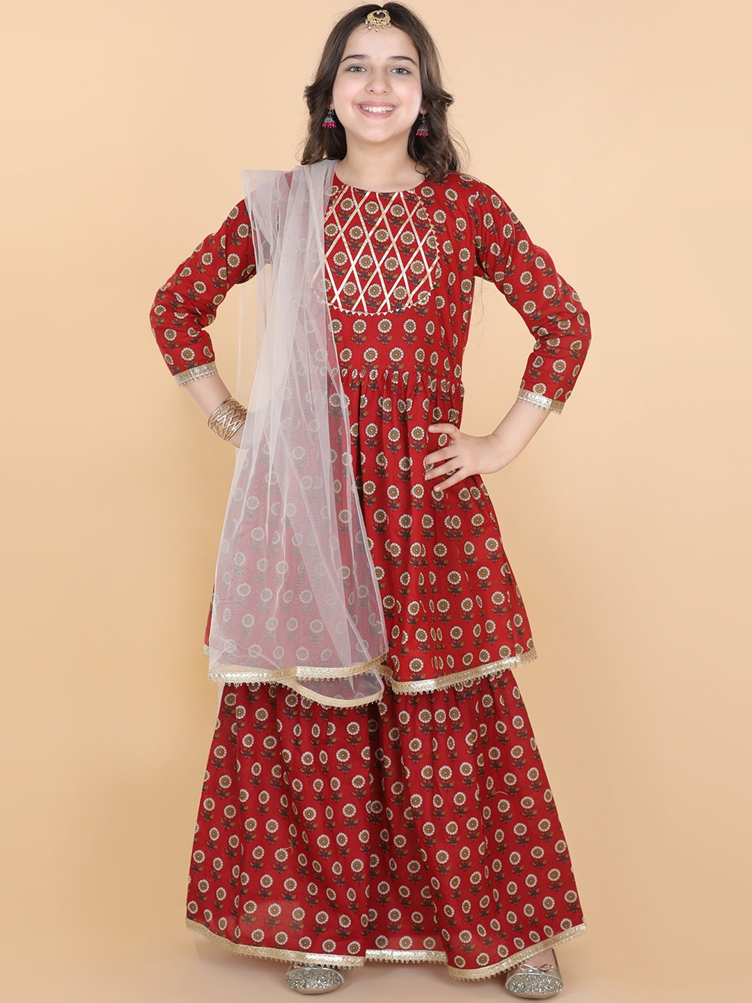 

ADIVA Girls Maroon Ethnic Motifs Printed Gotta Patti Pure Cotton Kurta with Sharara & With Dupatta