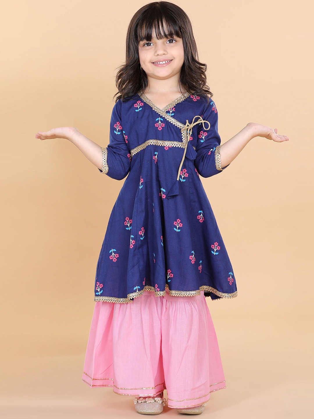 

ADIVA Girls Blue Floral Printed Angrakha Gotta Patti Pure Cotton Kurti with Sharara