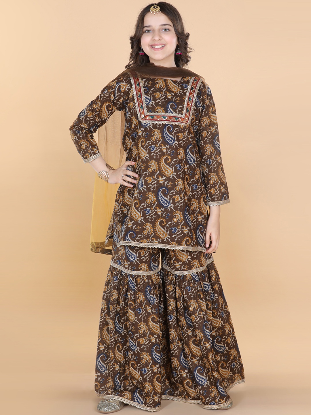 

ADIVA Girls Brown Paisley Printed Gotta Patti Pure Cotton Kurta with Sharara & With Dupatta