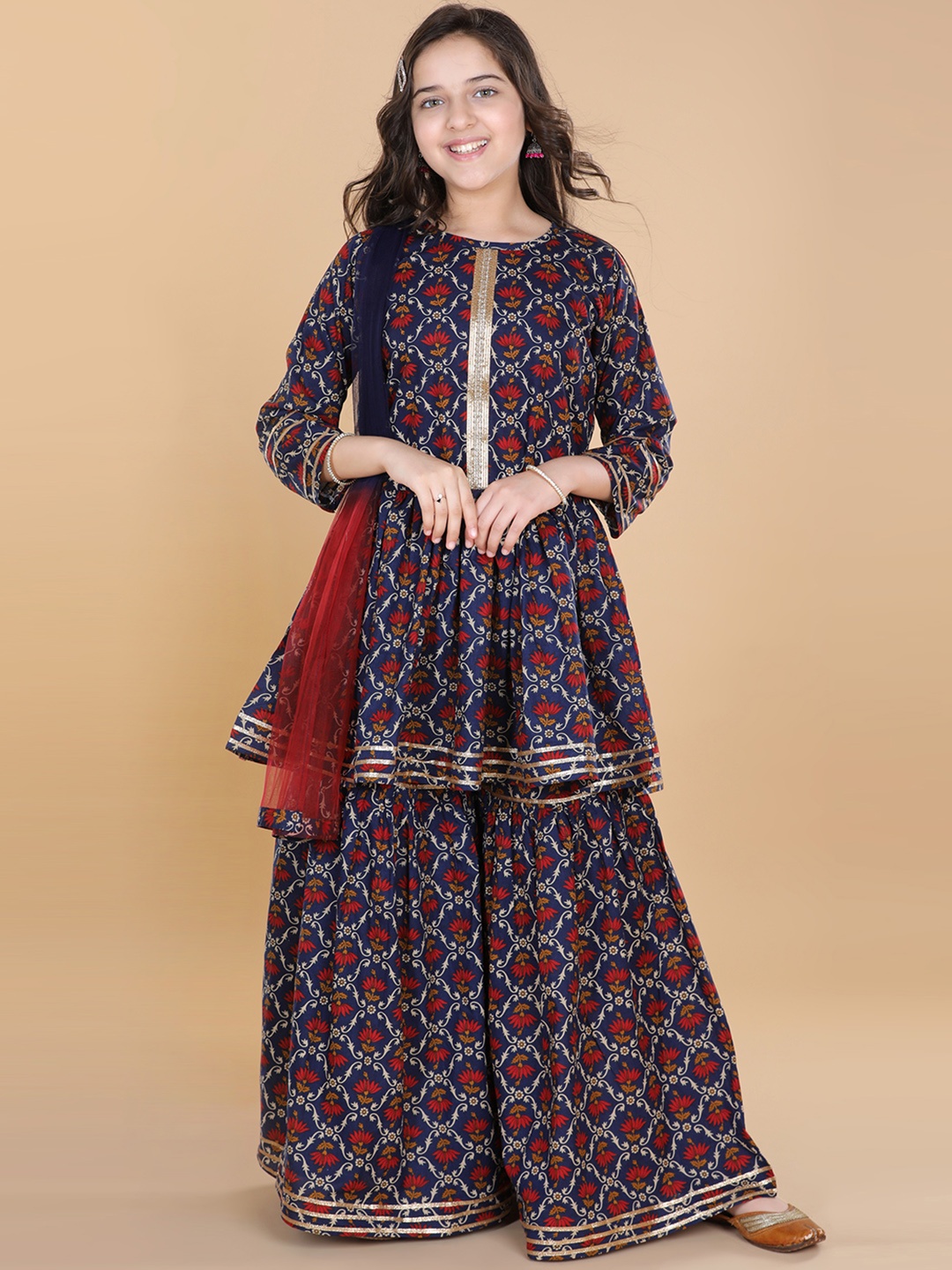 

ADIVA Girls Blue Printed Gotta Patti Pure Cotton Kurta with Sharara & Dupatta