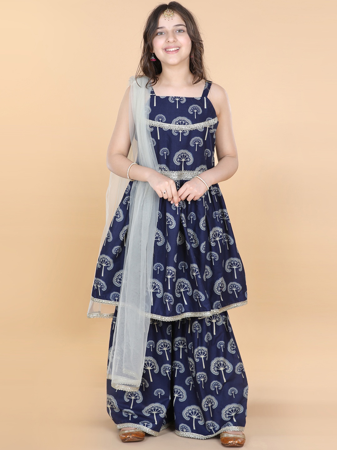 

ADIVA Girls Blue Floral Embroidered Gotta Patti Pure Cotton Kurti with Sharara & Dupatta