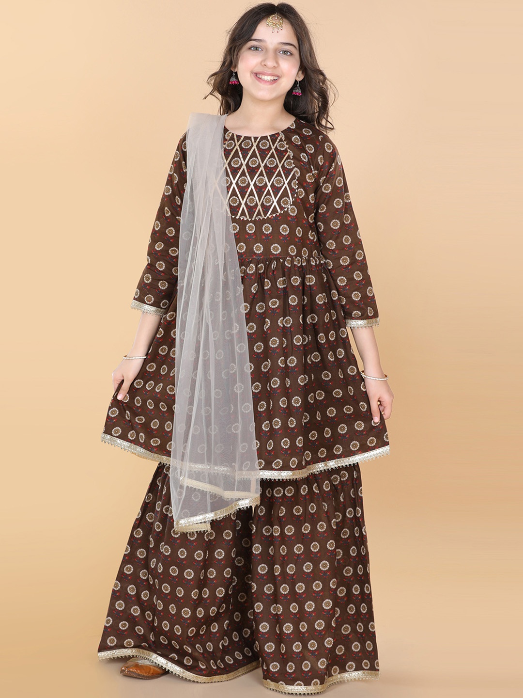

ADIVA Girls Brown Floral Printed Gotta Patti Pure Cotton Kurta with Sharara & Dupatta