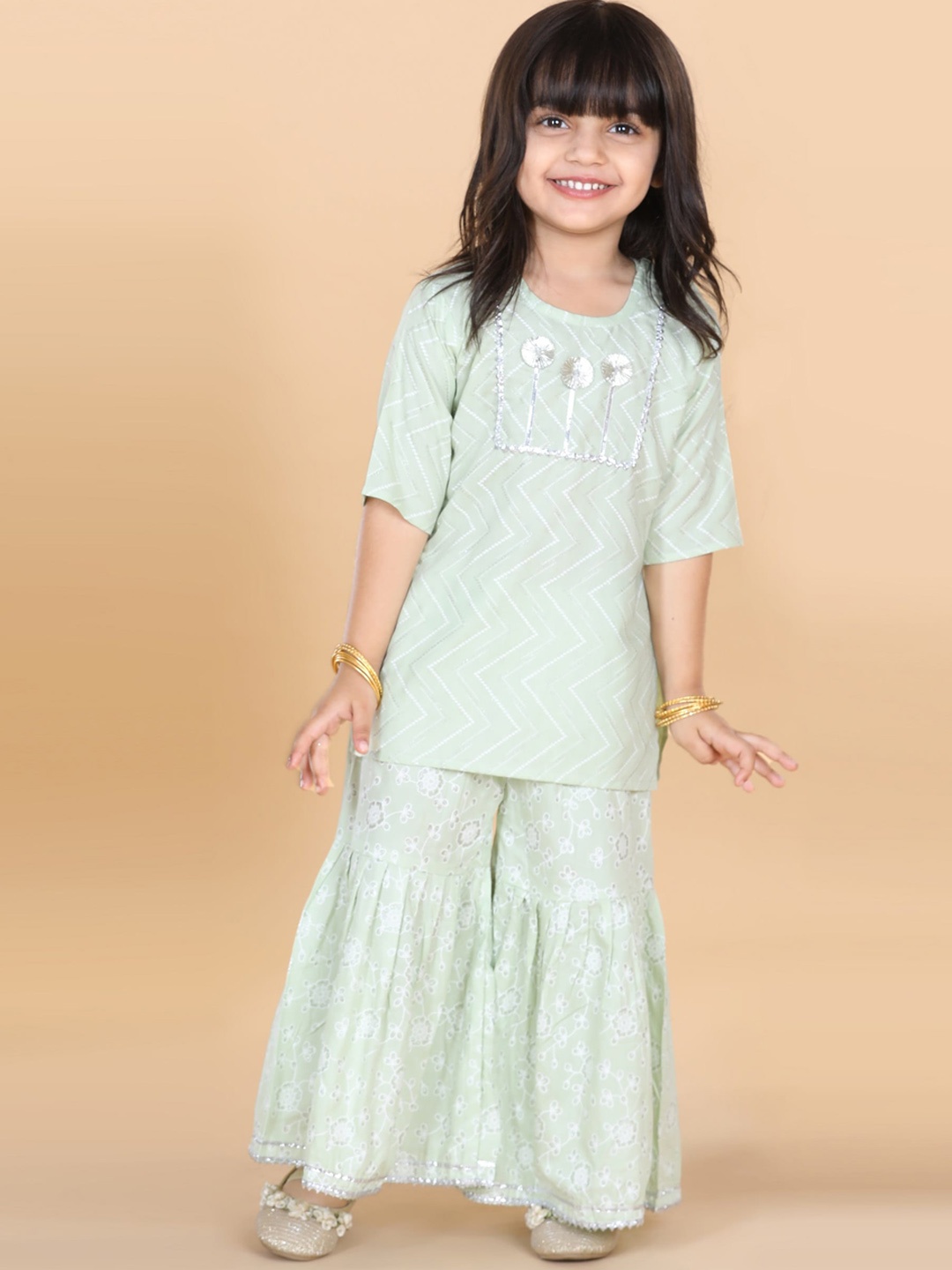 

ADIVA Girls Sea Green Printed Gotta Patti Pure Cotton Kurti with Sharara