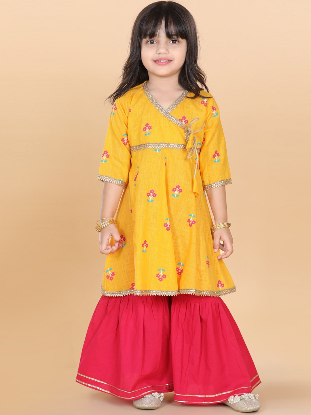 

ADIVA Girls Yellow Floral Printed Angrakha Gotta Patti Pure Cotton Kurti with Sharara
