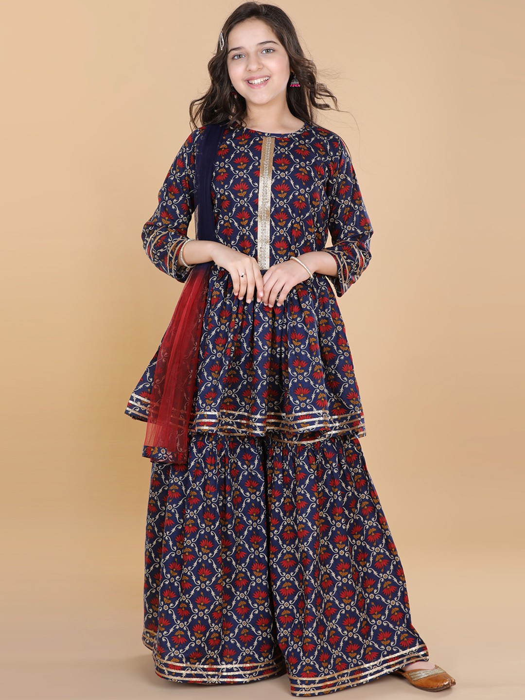 

ADIVA Girls Blue Floral Printed Empire Gotta Patti Pure Cotton Kurta with Sharara & With Dupatta
