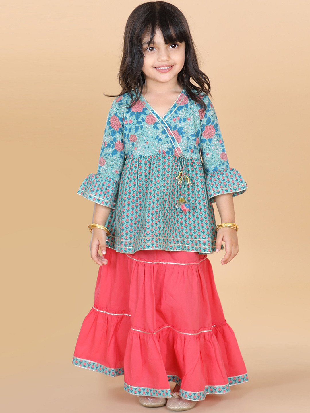 

ADIVA Girls Blue Floral Printed Angrakha Pure Cotton Kurta with Sharara