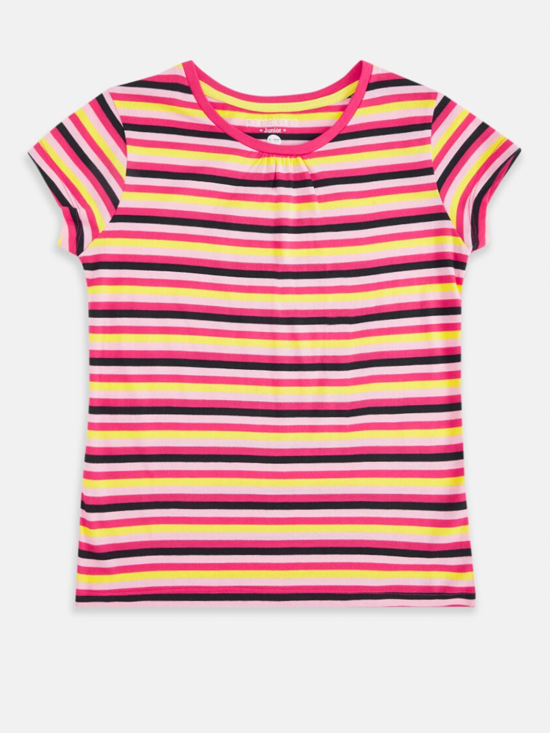 

Pantaloons Junior Girls Peach-Coloured & Yellow Striped Cotton T-shirt