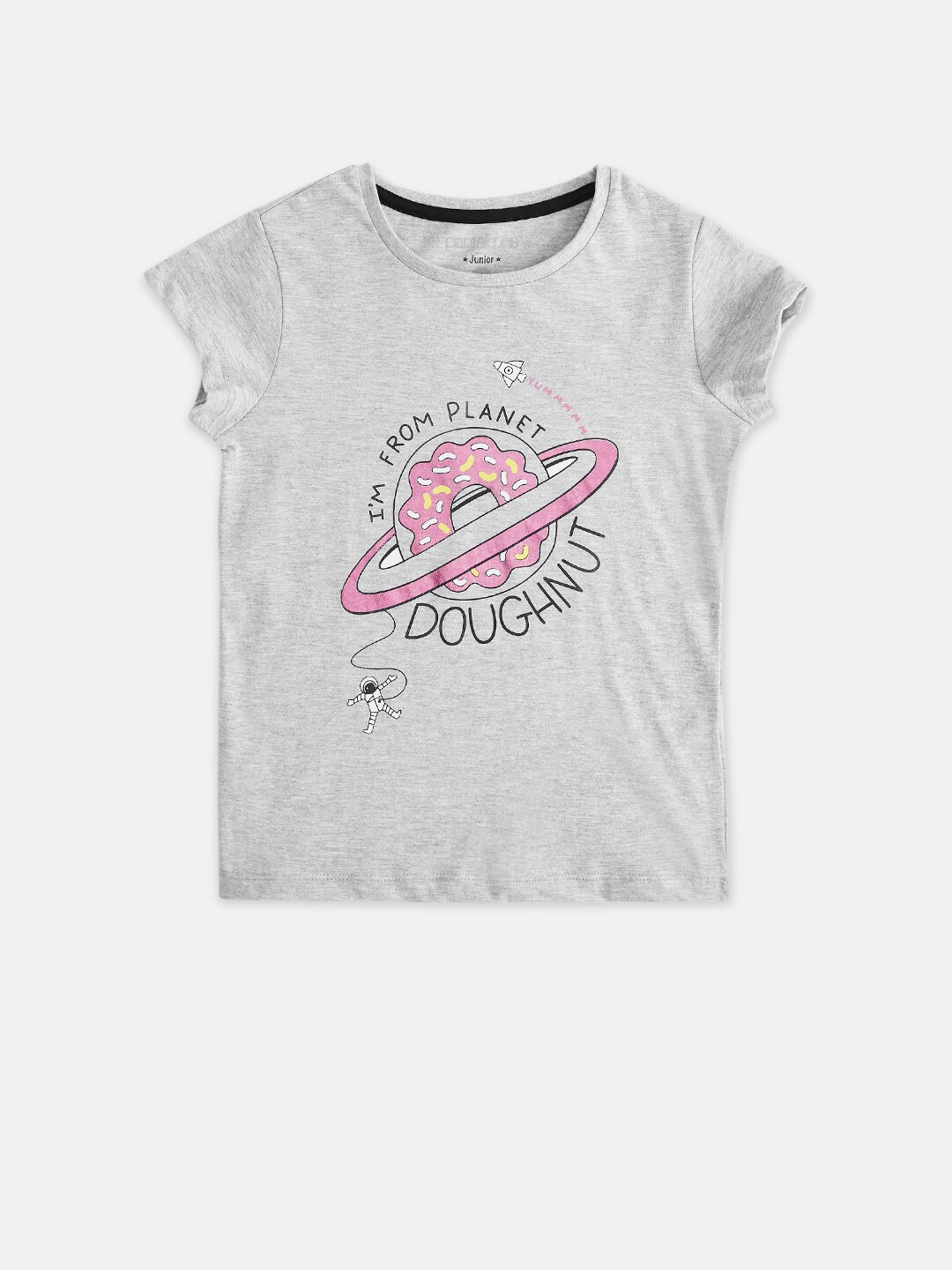 

Pantaloons Junior Girls Grey Melange Typography Printed Short Sleeves T-shirt