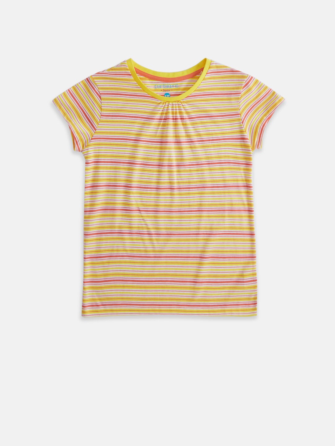 

Pantaloons Junior Girls Yellow & Pink Striped Cotton T-shirt