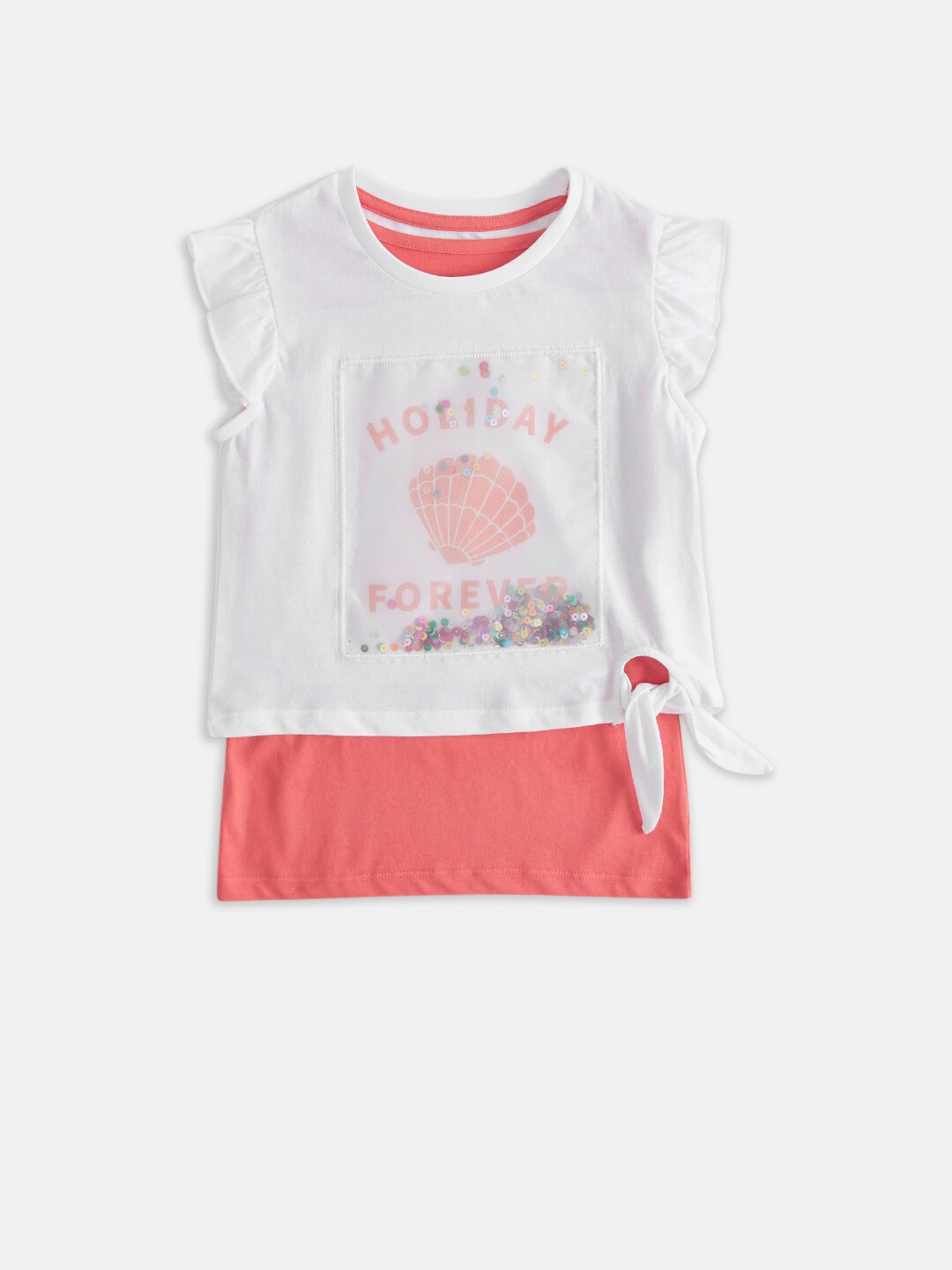 Pantaloons Junior Girls White & Peach Printed Applique T-shirt