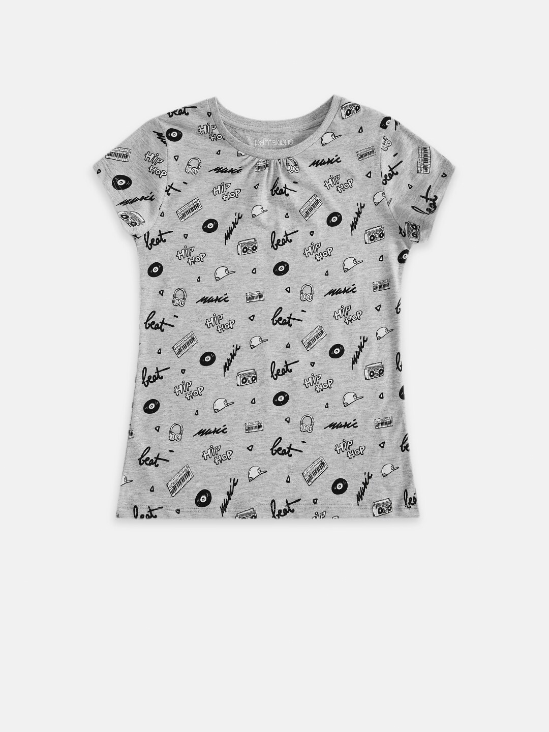 

Pantaloons Junior Girls Grey Melange Typography Printed Cotton T-shirt