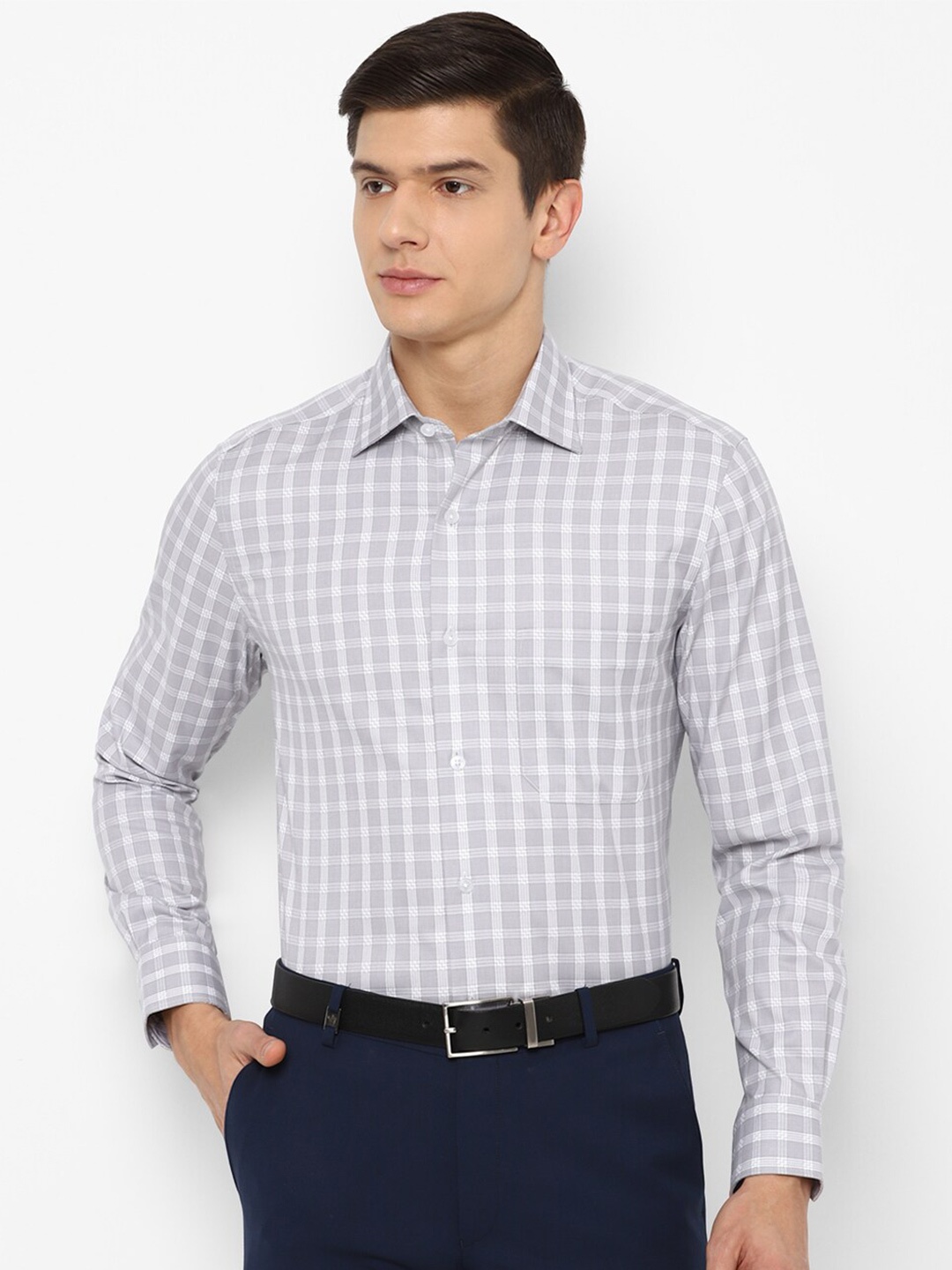 

Louis Philippe Men Grey & White Checked Pure Cotton Formal Shirt