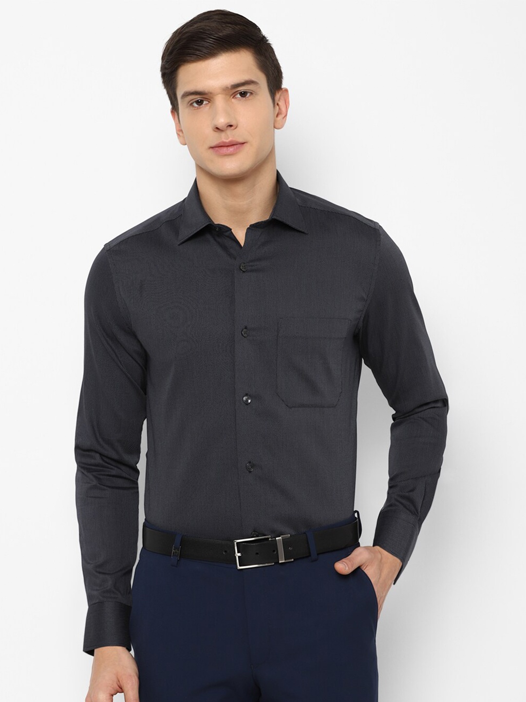 Louis Philippe Men Charcoal Grey Textured Pure Cotton Formal Shirt