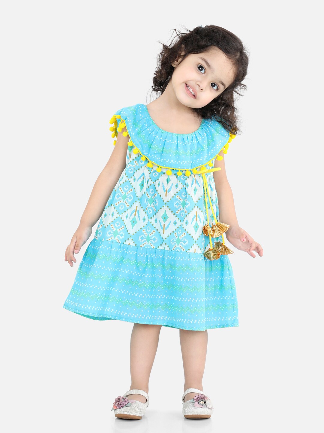 BownBee Blue & White Ethnic Motifs Cotton A-Line Dress