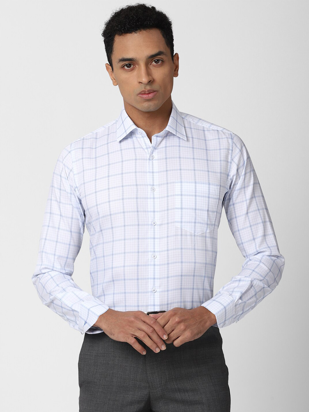 

Van Heusen Men Blue Pure Cotton Slim Fit Windowpane Checks Formal Shirt