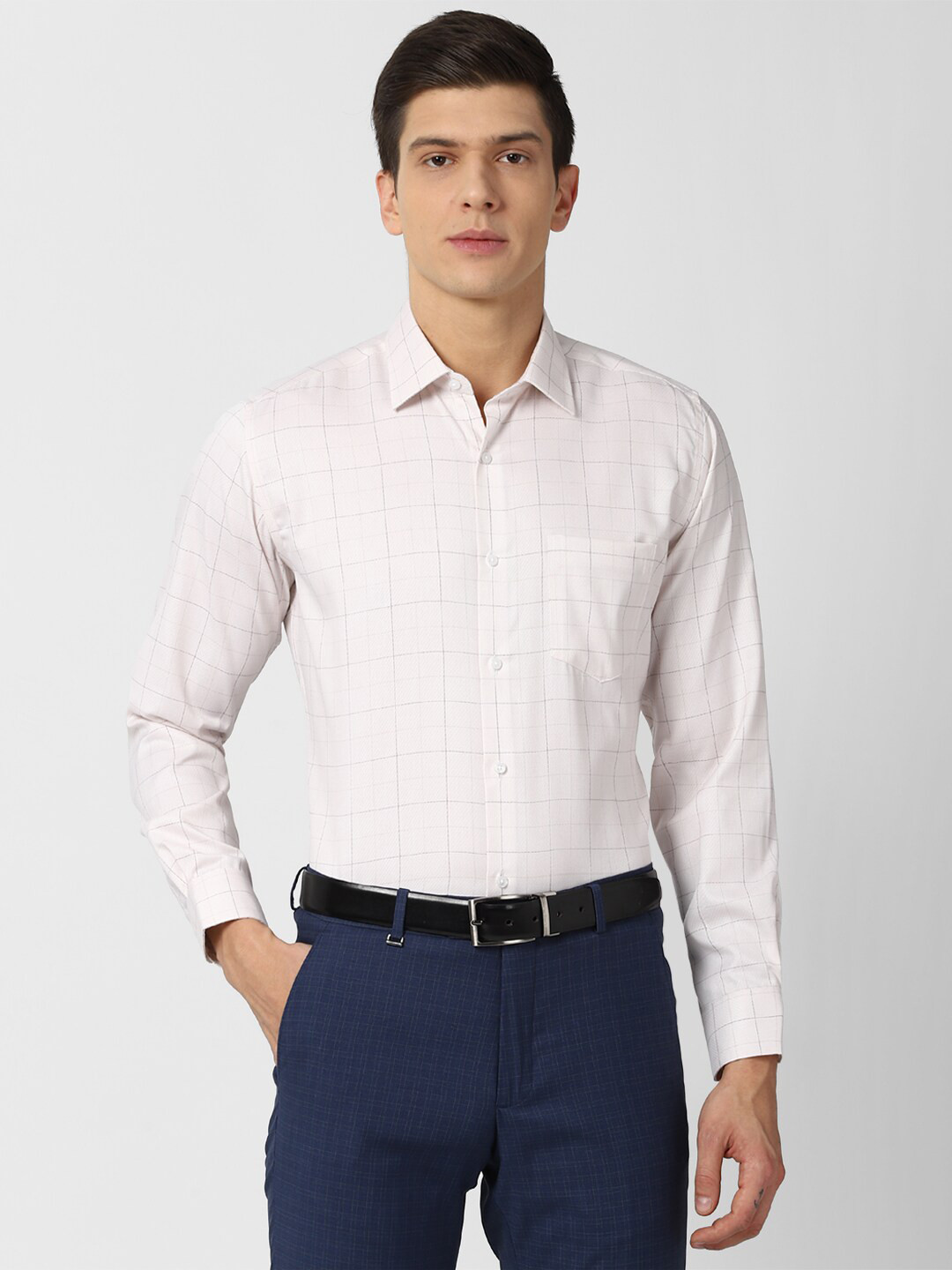 

Van Heusen Men Cream-Coloured Windowpane Checked Cotton Formal Shirt