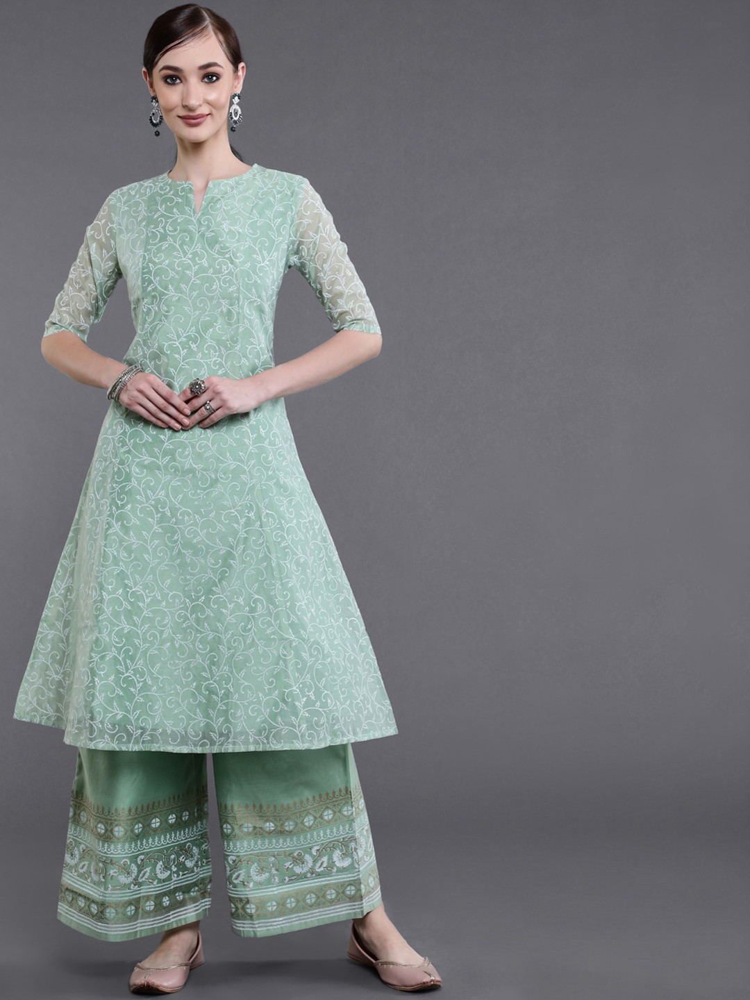 

saubhagya Women Green Floral Printed Kurta with Palazzos
