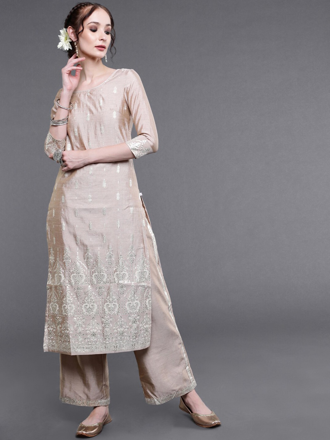 

saubhagya Women Beige Ethnic Motifs Embroidered Kurta with Palazzos & With Dupatta