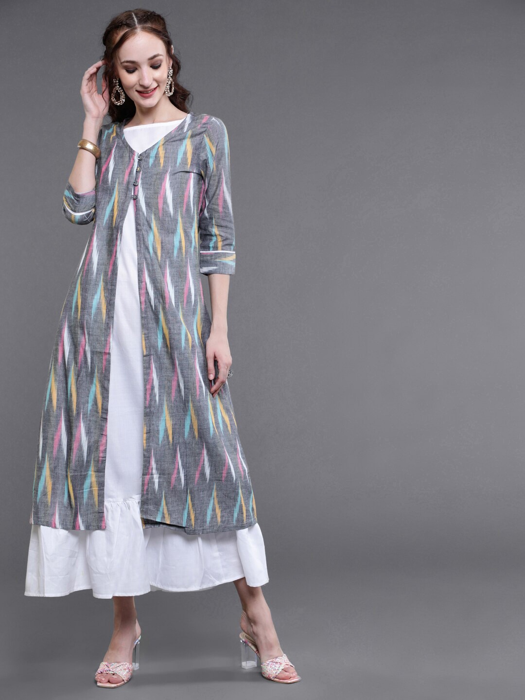 

saubhagya Charcoal & White A-Line Ikat Midi Dress