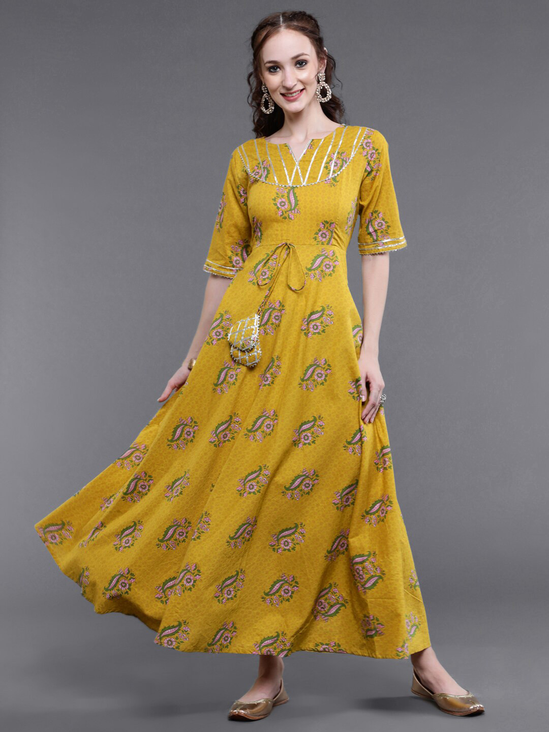 

saubhagya Women Yellow Ethnic Motifs Cotton Maxi Dress