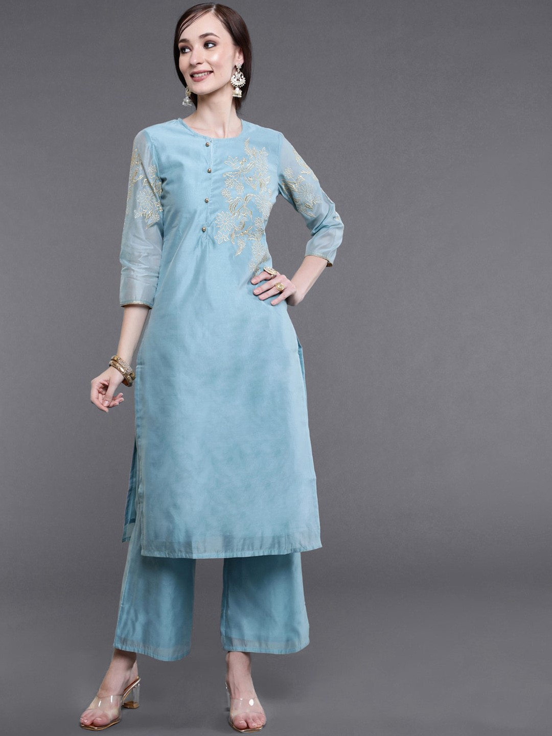 

saubhagya Women Blue Floral Zari Work Embroidered Kurta with Palazzos
