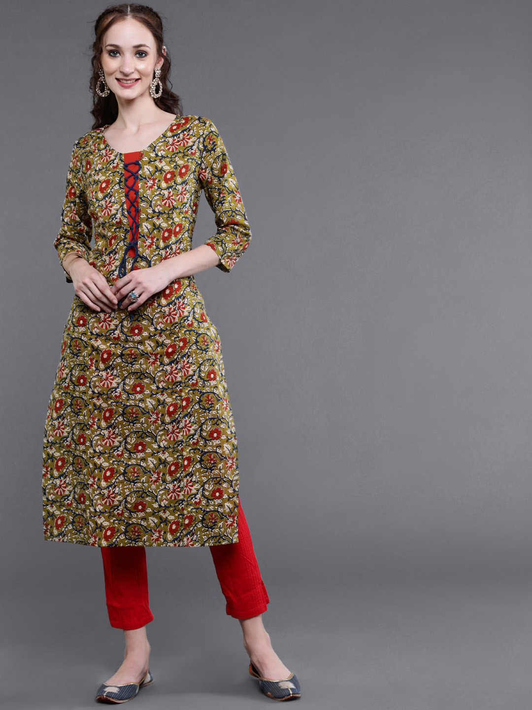 

saubhagya Women Green & Red Floral Printed Kurta