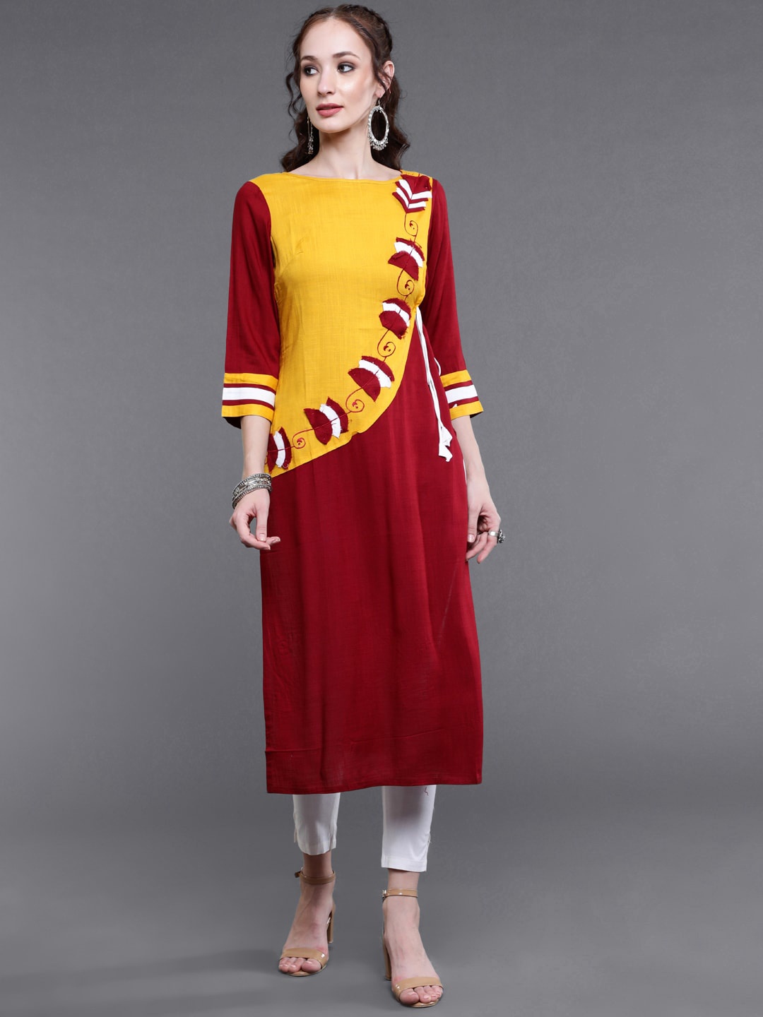 

saubhagya Women Maroon & Yellow Straight Kurta
